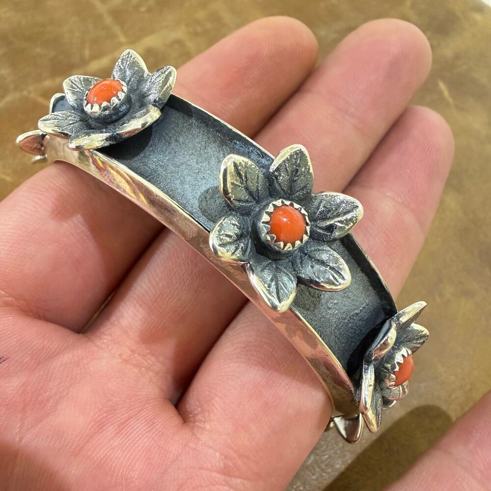Navajo Flower Bracelet Sterling Silver and Coral by Meketcho Jim